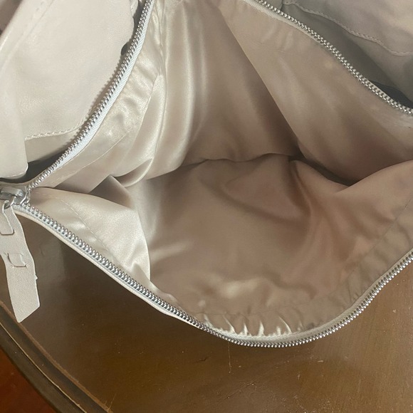 Stuart Weitzman Woven Fabric Leather Hobo Bag Cream Tan Sky Blue Tote Bag Charm - Picture 6 of 12